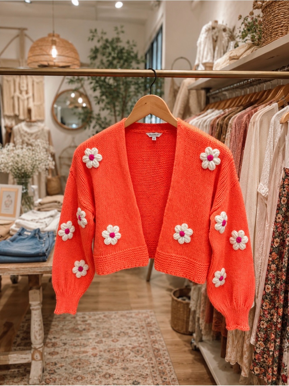 DAVI & DANI Coral Cropped Cardigan with White & Pink Daisy Appliqués